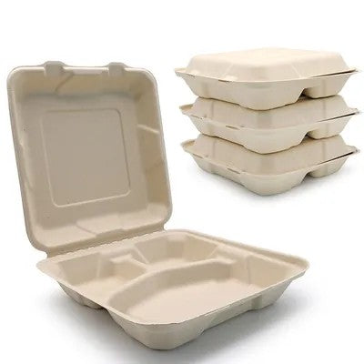 9x9  3 Compartment Bagasse Hinged Containers 200/cs